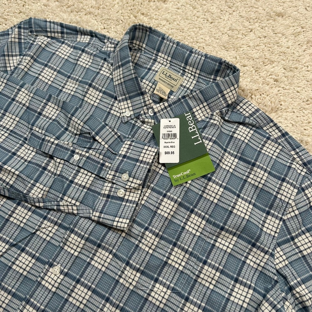 L.L. Bean Button Down Shirt XXXL 3XL Blue Plaid TrueCool Slightly Fitted New NWT